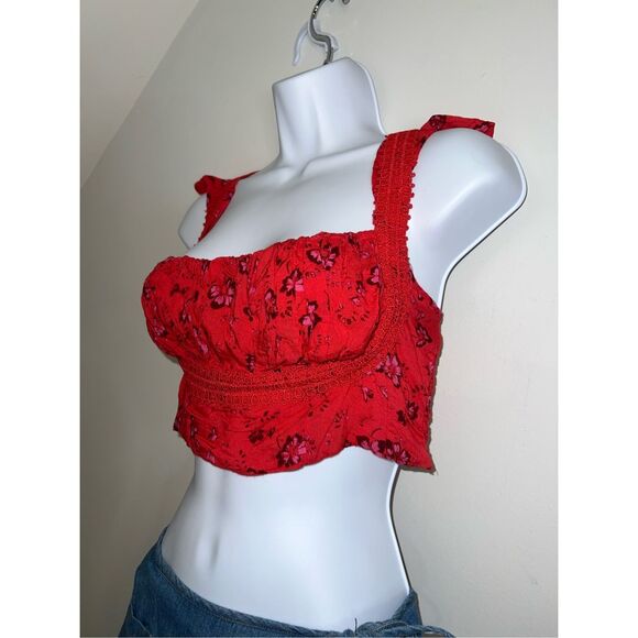 Free People Red Floral Cropped Cami Tank 6 - Picture 3 of 7